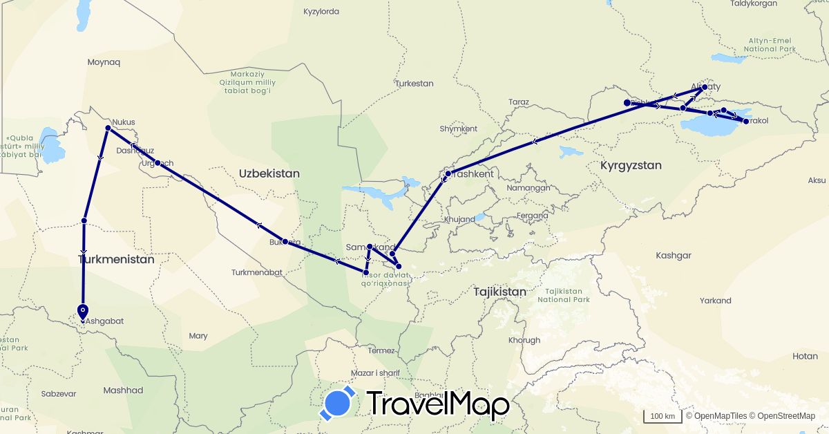 TravelMap itinerary: driving in Kyrgyzstan, Kazakhstan, Tajikistan, Turkmenistan, Uzbekistan (Asia)